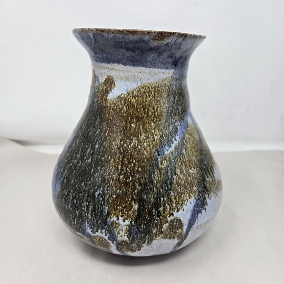 Studio Pottery Signed T. Gleason Earth Tones Blues & Browns Glazed Vase Medium - Picture 2 of 9